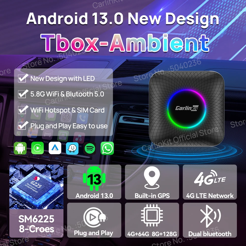 2023 CarlinKit CarPlay AI Box Android 13.0 QCM6225 8-Core Android Auto Wireless CarPlay Adapter 2.4+5GGPS 64G 128G FOTA Upgrade